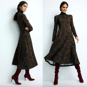 Tanya Taylor Floral Thea Midi Dress in Black & Forrest Green Multi Long Sleeve M